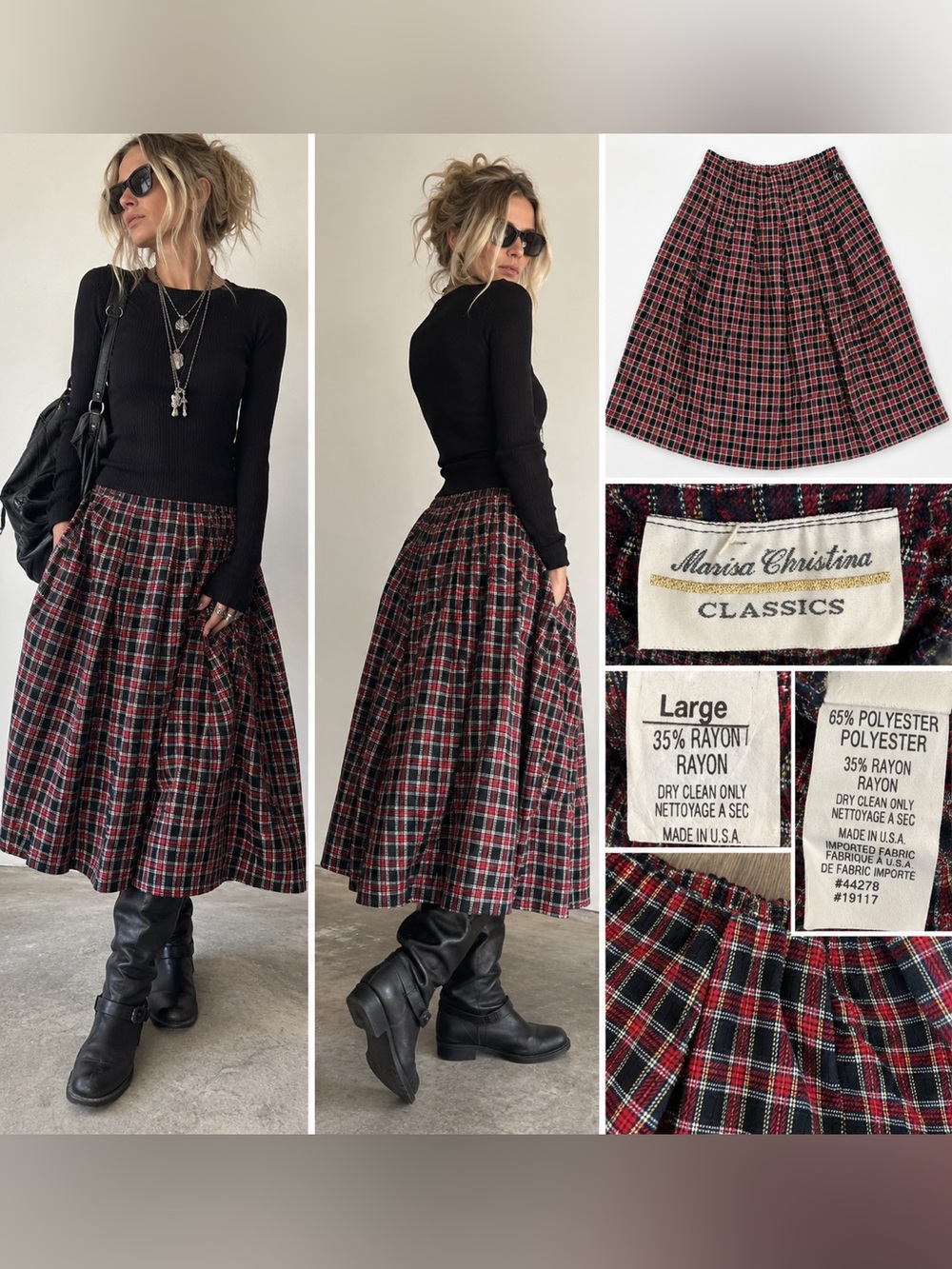 Vintage Marisa Christina Classics Tartan Plaid Full Midi Skirt L Made USA